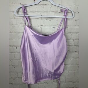 Sollinarry purple satin sleeveless‎ blouse shoulder ties side ruching sz M NWT